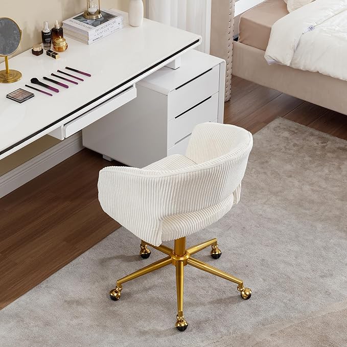 Westice Home Office Desk Chairs, Modern Corduroy Rolling Chair, Height Adjustable Swivel Vanity Chair with Golden Base, Ergonomic Chair for Vanity Study, Living Room Computer Room, Beige