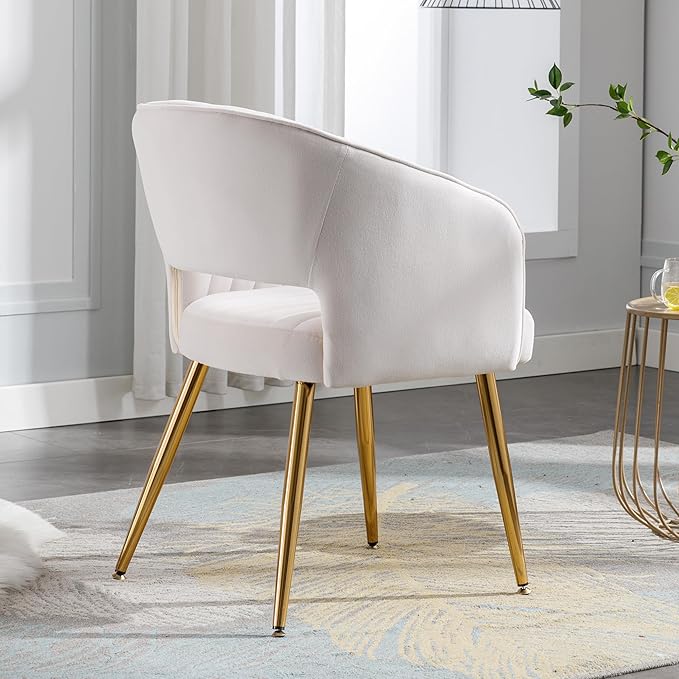 Home Office Chair Velvet Desk Chair Accent Armchair Upholstered Modern Tufted Chairs with Gold Legs for Girls Women Ergonomic Study Seat Computer Task Stools for Living Room(Cream)