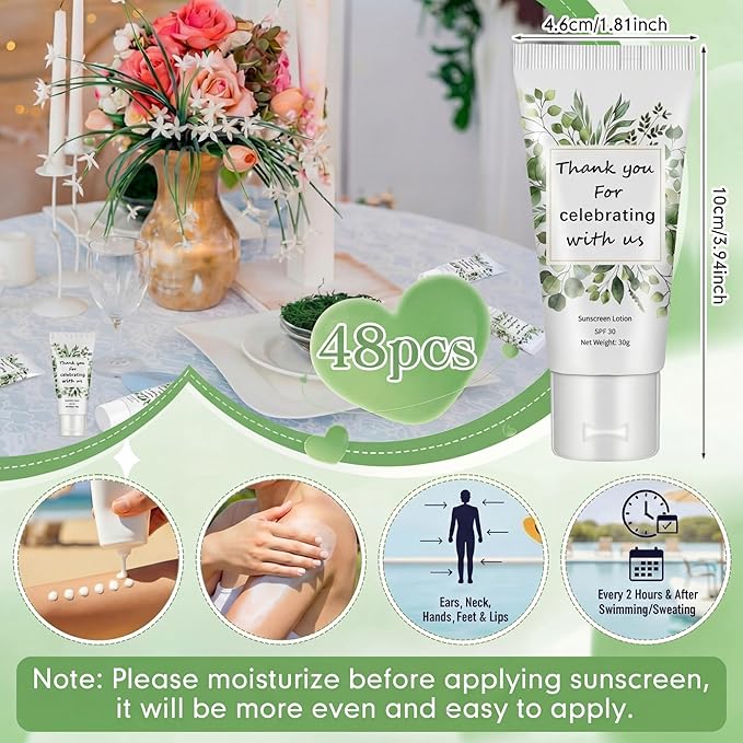 48 Pcs Mini Sunscreen Bulk for Summer Party Wedding SPF 30 Water Resistant Sunscreen Lotion Bulk 1oz Travel Size for Thank You Gifts Wedding Party Supplies (Eucalyptus)