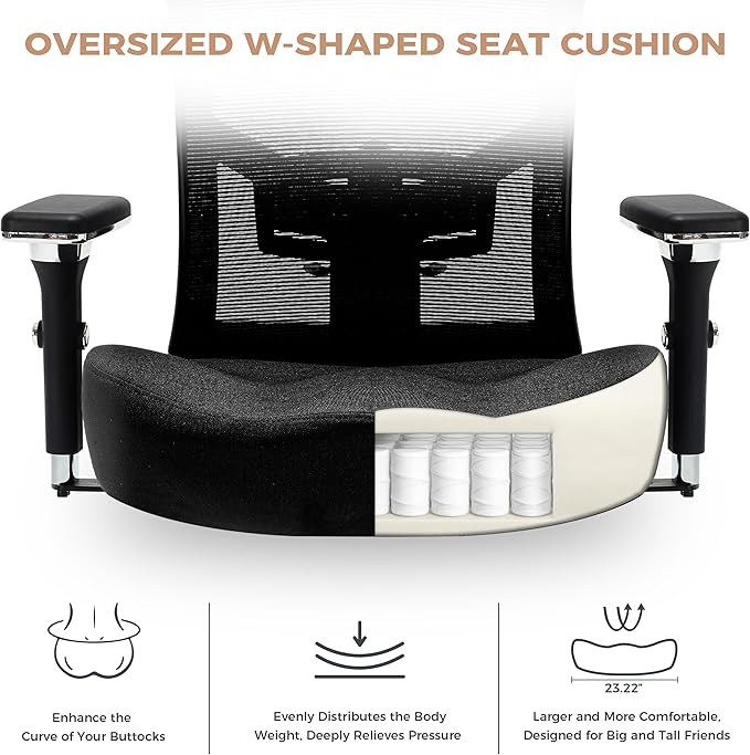 600lbs Big and Tall Office Chair,Oversized Ergonomic Breathable Mesh Desk Chair with W-Shape Thicken Seat Cushion,Computer Chair with Upgraded 4D Armrest,Lumbar Support for Heavy People All Day