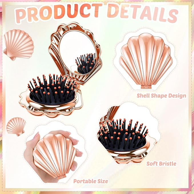 Meanplan 12 Pcs Mermaid Party Favors Shell Hair Brush with Mirror Foldable Mini Travel Pocket Hair Brush Compact Makeup Comb for Women Girls Valentines Day Birthday Gifts(Rose Gold)