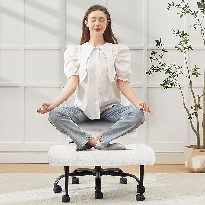 Criss Cross Legged Office Chair with Wheels,Swivel Meditation Chair for ADHD,Ergonomic Desk Chair with Thicken Adjustable Footstool,Fabric Sitting Fidgeting Kneeling Chair for Home Yoga Offwhite