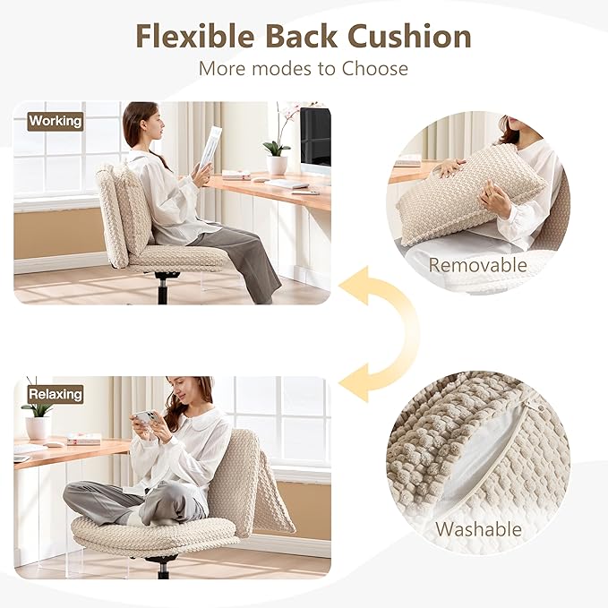 Fizzin Criss Cross Chair,Armless Cross Legged Chair with Wheels,Memory Foam Seat Office Desk Chair with Flipable Back Cushion,Mid Back Swivel Chair for Home Office,Bedroom Vanity (Beige)