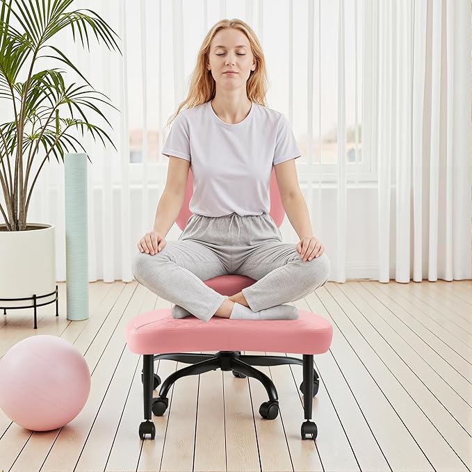 GUNJI Ergonomic Criss Cross Legged Office Chair, 360° Swivel Meditation Kneeling Chair with Wheels, ADHD Chair with Footrest, Lumbar Support, Wider Height Adjustable Seat (Pink, Faux Leather)