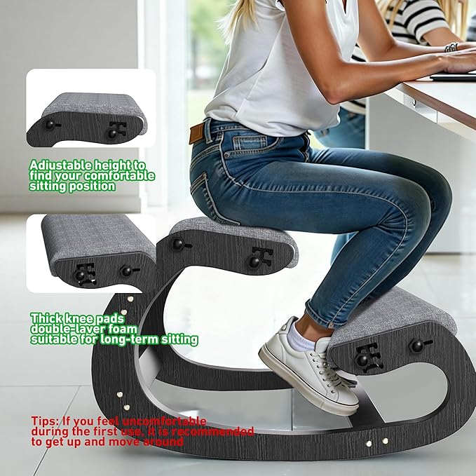 Ergonomic Kneeling Chair with Wooden Frame - Adjustable Height Office Chair with Soft Padding for Back Pain Relief, Posture Correcting Home & Office Desk Chair Black