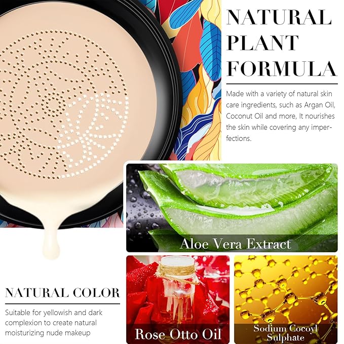 2024 New Mushroom-Head Air Cushion CC Cream, BB Cream Makeup Moisturizing Concealer, Long-Lasting Matte Waterproof Moisturizing Concealer CC Cream (Ivory White #1)