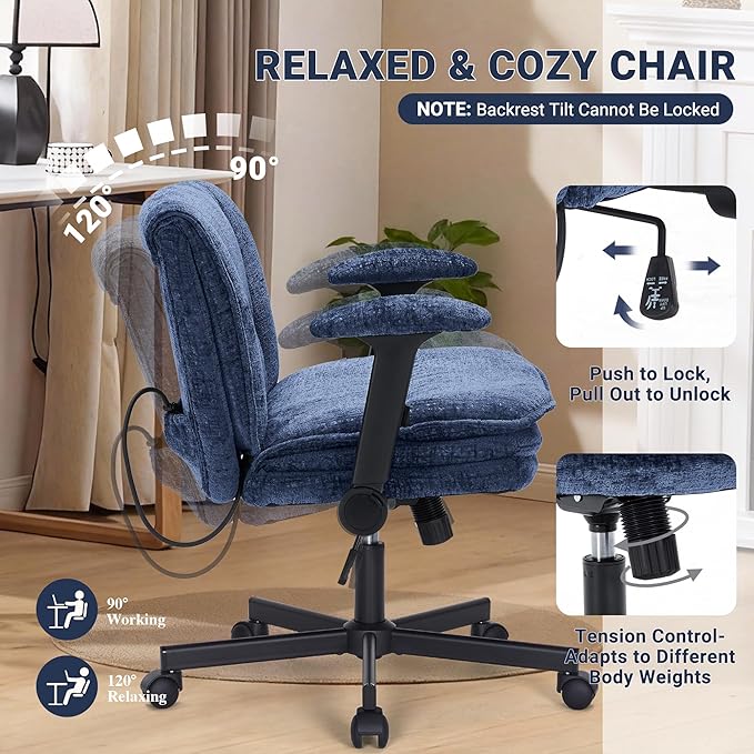 Criss Cross Chair with Wheels and Flip Arms, Upholstered Cross Legged Office Chair with 3 Layer Cushions&Dynamic Airbag Lumbar Support, Wide Seat Comfy Desk Chair for Home Office, Living Room, Navy