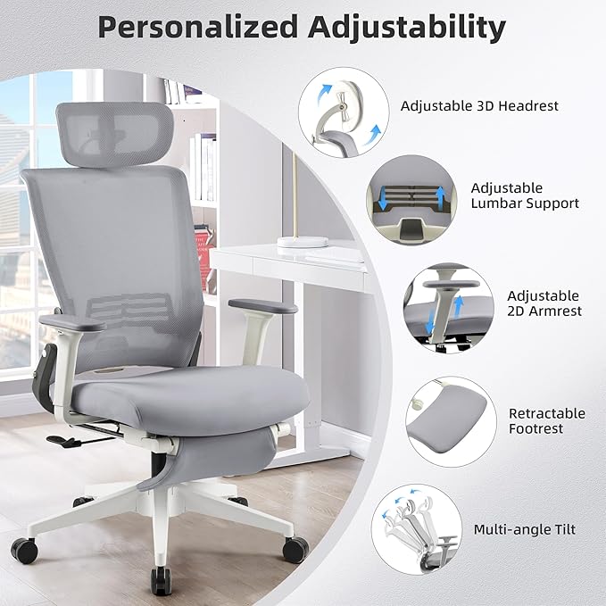 Foldable Office Chair with Foot Rest, Ergonomic Office Chair with Adjustable Lumbar Support, Headrest, Armrest, Home Office Desk Chairs for Space Saving, Grey