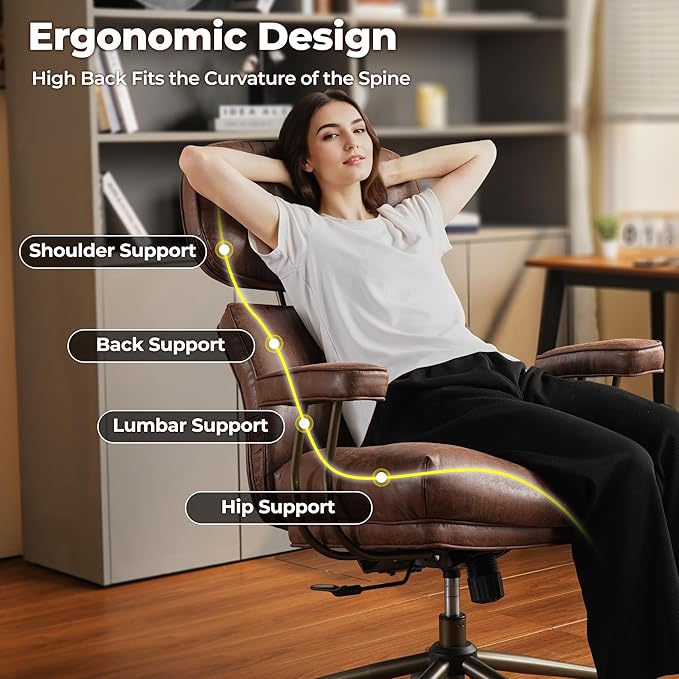 ovios Ergonomic Office Chair, High Back Faux Leather Executive Chairs with Thick Cushion, Comfy Mid-Century Modern Swivel Rolling Computer Armchair (Dark Brown, Suede Leather)