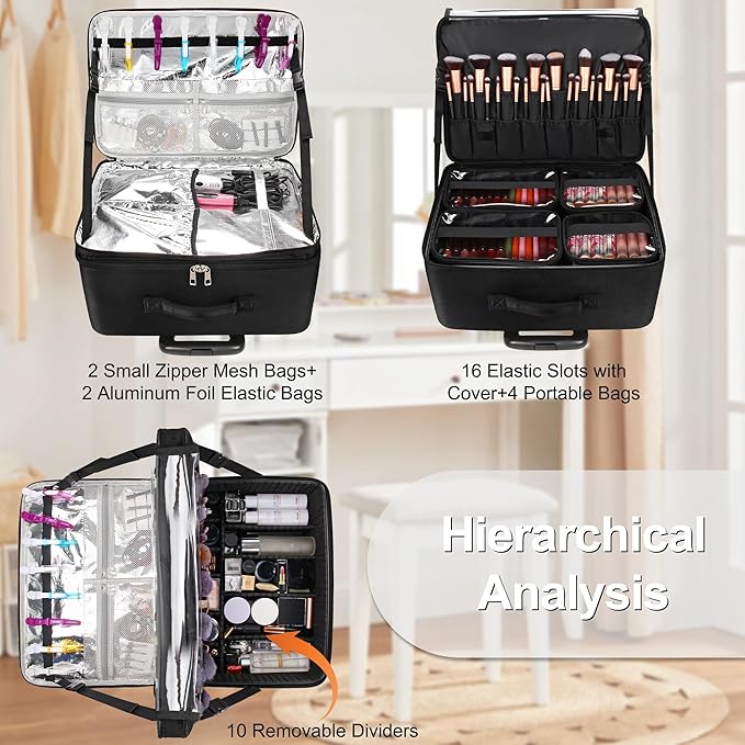 Relavel Cosmetology Case on Wheels, Extra Large Rolling Makeup Travel Train Case with 360° Spinner Wheels, 3 Layer with Insulation Compartment & 4 Clear Bags, Professional Makeup Artist Bag Set, Black