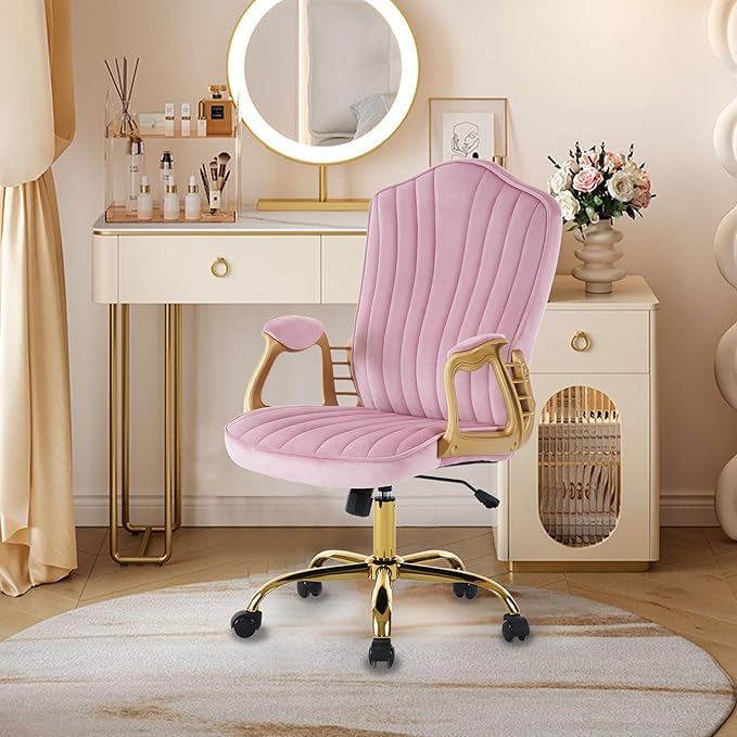 Velvet Home Office Chair with Gold Arms and Legs, Comfortable Upholstered Tufted Swivel Desk Chair Comfy with Wheels for Girls Women Study Bedroom Living Room, Pink