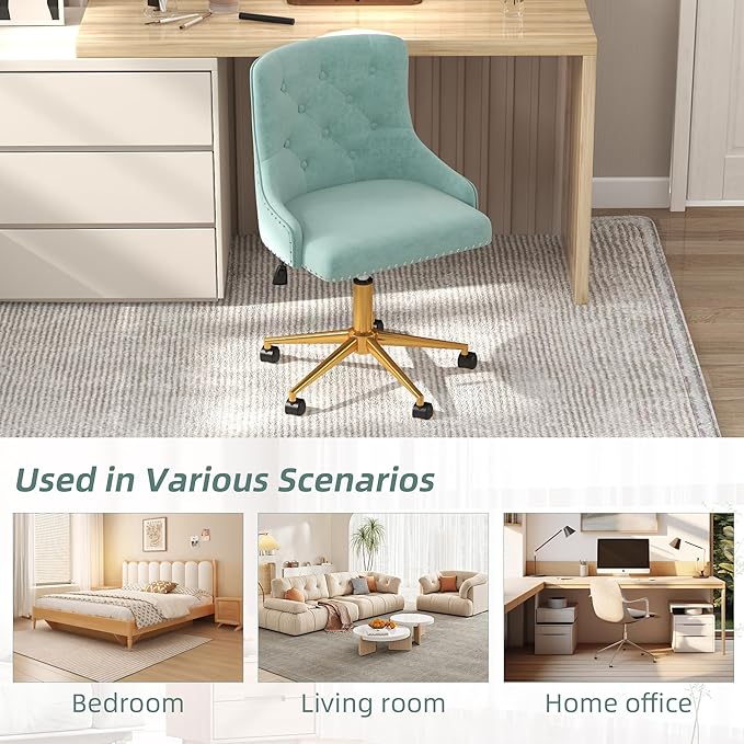 Westice Velvet Desk Chairs, Upholstered Swivel Comfy Makeup Vanity Chair with Tufted Back, Gold Metal Base & Wheels, Height Adjustable Chair for Girls, Bedroom Living Room, Mint Green