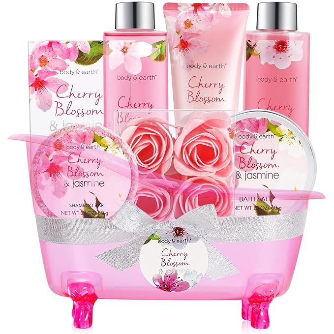 Body & Earth Spa Gifts for Women Self Care Kit - 8pcs Cherry Blossom & Jasmine Bath Sets for Women, Birthday, Mother's Day Gifts for Mother, Wife, Girlfriends