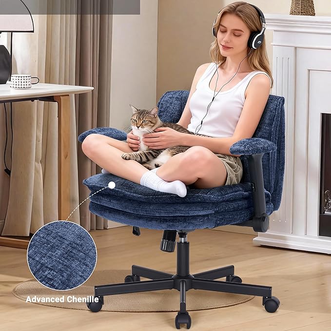 Criss Cross Chair with Wheels and Flip Arms, Upholstered Cross Legged Office Chair with 3 Layer Cushions&Dynamic Airbag Lumbar Support, Wide Seat Comfy Desk Chair for Home Office, Living Room, Navy