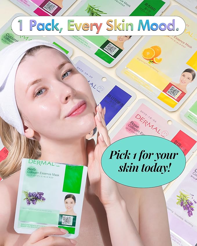 DERMAL Collagen Essence Sheet Mask 16 Combo Pack - 16 Days Daily Skin Therapy for Glow - Aloe, Snail, Vitamin Variety Gift Set - K-Beauty