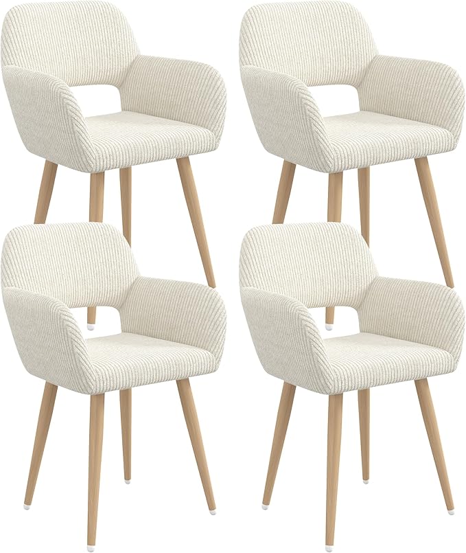 Home Office Desk Chair Set of 4, Corduroy Fabric Vanity Chair for Makeup with Hollow Backrest, Comfy Armchair Wood Frame with Strudy Metal Legs, Beige
