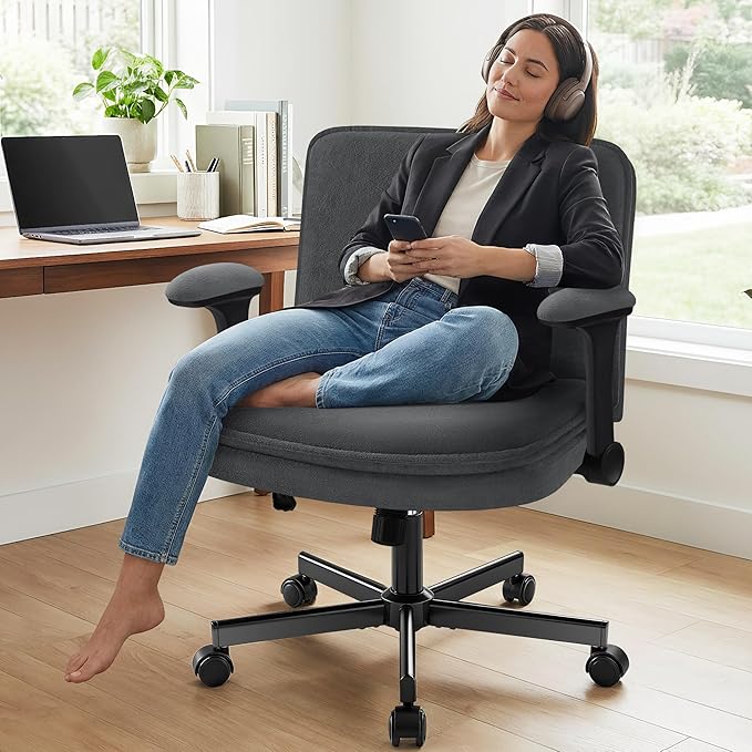 Criss Cross Office Chair with Wheels - Wide Seat Criss Cross Desk Chair with Flip-up Arms and Thick Cushion - Comfy Tilting Swivel Rolling Vanity Chair for Home Office Bedroom Apartment