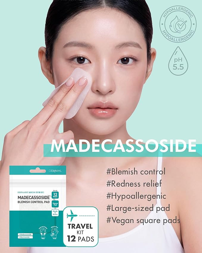 DERMAL Madecassoside Blemish Control Pad - Korean Toner Pad for Blemish & Tone Improvement with Centella Asiatica - Vegan Gauze Tencel Square Pads - Travel Kit 12 Pads, 3 Pack (Total 36 ea)