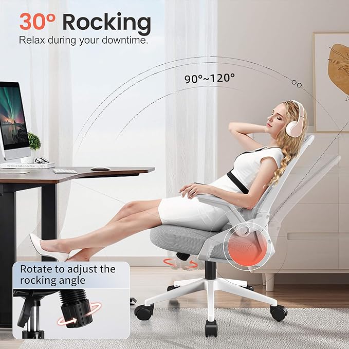 GTPLAYER Ergonomic Office Chair with Flip-up Armrests Executive Computer Chair for Home Office, Breathable Mesh & Comfy Lumbar Support, Wide Seat Gray