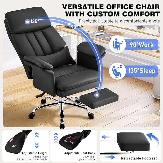 Leather Home Office Chair with Footrest 400lbs, High Back Rolling Desk Chair with Lumbar Support Soft Armrests, Excutive Office Chairs with Wheels Height Adjustable Rocking Swivel Functions,Black
