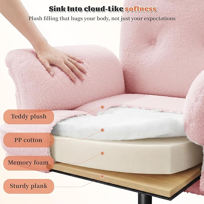 Big and Tall Office Chair with Adjustable Armrests & Wheels，145° Reclining Desk Chair Comfy,Pink Vanity Chair for Home,Office,Bedroom,Teddy Plush