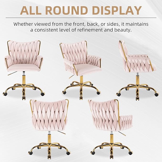 Westice Velvet Desk Chair, Home Office Gold Comfy Chair with Hand Woven Back, Height Adjustable Swivel Chair with Comfy Upholster for Makeup Vanity Living Room Bedroom, Light Pink