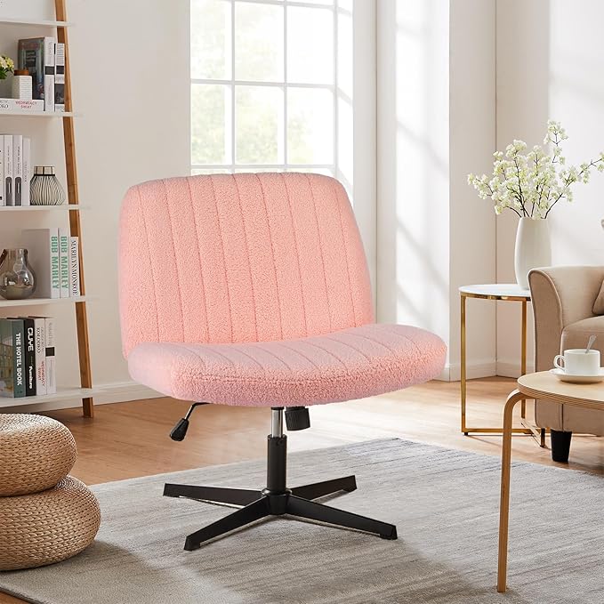 Sweetcrispy Criss Cross Chair Legged, Armless Office Wide Desk Chair No Wheels, Swivel Vanity Height Adjustable Fabric Modern Computer Task Seating for Home - Teddy Pink