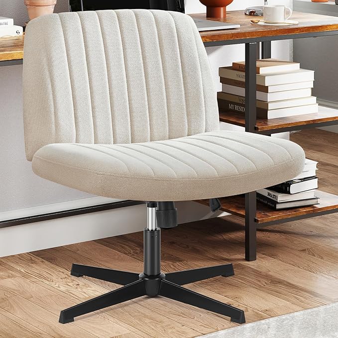 Sweetcrispy Criss Cross Chair Legged, Armless Office Swivel Desk Chair No Wheels, Vanity Height Adjustable Wide Seat Comfy Cute Computer Task Seating for Home Bedroom