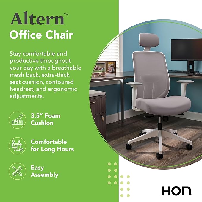 HON Altern Ergonomic Office Chair with Headrest, Arms, Wheels, Foam Cushion Seat, Mid Back Home Office Desk Chair Comfy, Gaming Chair, Height Adjustable Arms, Synchro-Tilt, White Frame, Pear