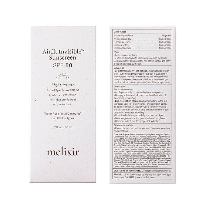 Melixir Airfit Invisible™ Sunscreen SPF 50, Broad Spectrum Korean Rice Sunscreen for Face, Hyaluronic Acid, Moisturizing Daily Protection for Sensitive Skin, No White Cast, Waterproof (1.7fl.oz./50ml) | Korean Rice, Hyaluronic Acid, Broad Spectrum, Sun...