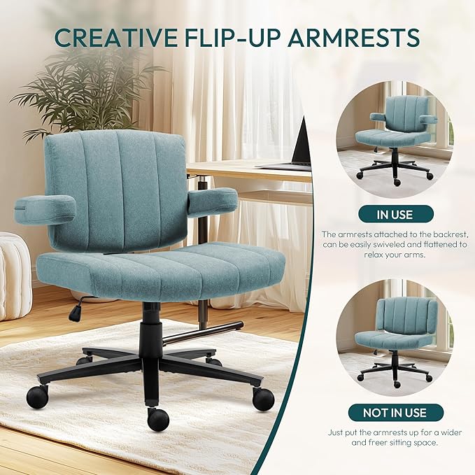Blue Criss Cross Office Chair with Wheels, Ergonomic Wide Seat Vanity & Dressing Table Chair, Adjustable Arms Swivel Rolling Desk Chair for Women, Comfortable Cross-Legged Support
