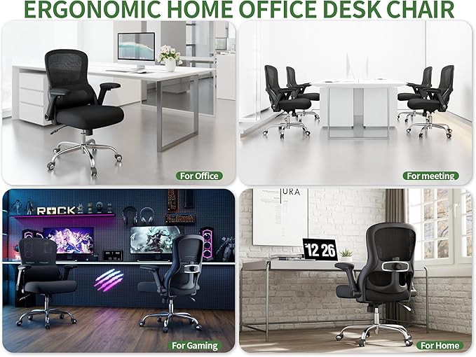 Office Chair Ergonomic Desk Chair Comfy: 400LBS Mesh Computer Chair Ergonomic Gaming Chairs with Wheels Adjustable Lumbar Support and Flip up Armrest-Swivel Executive Chairs Long Hours(Full Black)