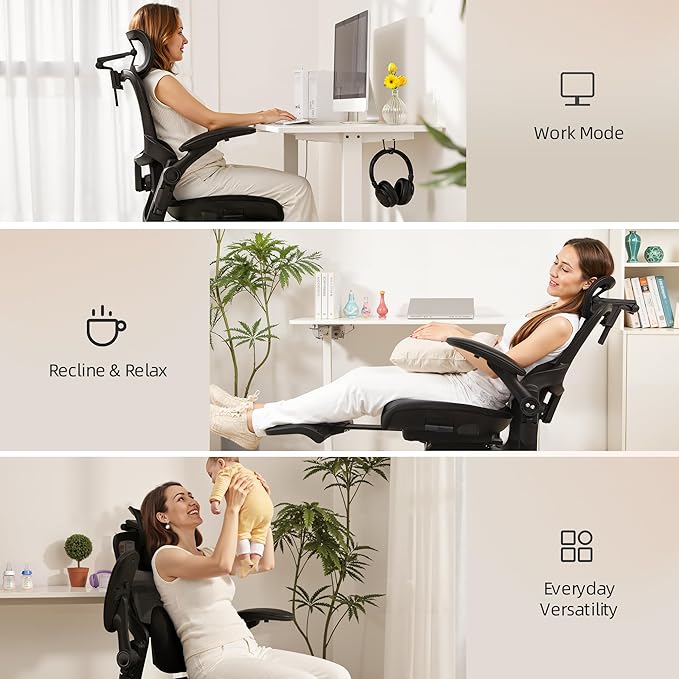 CabLady S2 Petite Ergonomic Office Chair for Women, Small Frame Desk Chair with Adjustable Lumbar, Headrest & Footrest, Space-Saving Flip-Up Armrests