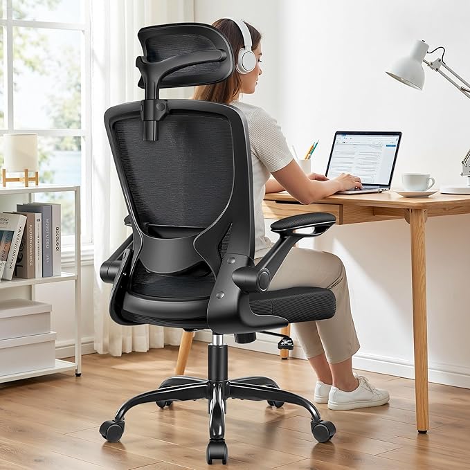 Office Chair Ergonomic Desk Chair, Breathable Mesh Office Chairs with Adjustable Lumbar Support, Flip-Up Arms, Computer Desk Chair Comfy for Home Office, Black