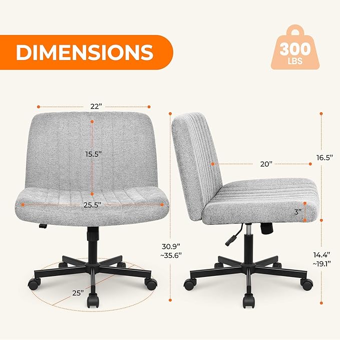 NEO Chair Criss Cross Chair with Wheels Home Office Cross Legged Armless Chairs Ergonomic Adjustable Computer Desk Task Wide Seat for Bedroom Vanity Comfy Swivel (Grey)