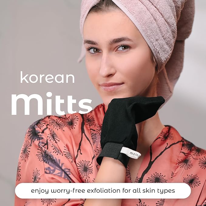 MainBasics Exfoliating Gloves for Shower - Korean Body Scrub Mitts for Dead Skin, Deep Cleansing, Spray Tan Prep & KP Treatment (2 Pack)