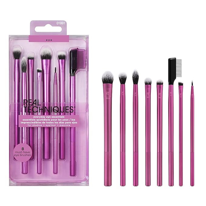 Real Techniques 8 Piece Everyday Eye Essentials Makeup Brush Set,Eye Brushes for Liner,Eyeshadow,Brows,& Lashes,Travel Friendly,Gift Set,Synthetic Bristles,Cruelty-Free & Vegan,(Pack of 8)