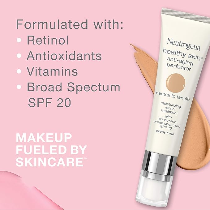 Neutrogena Healthy Skin Anti-Aging Perfector Tinted Facial Moisturizer and Retinol Treatment with Broad Spectrum SPF 20 Sunscreen with Titanium Dioxide, 50 Tan to Medium, 1 fl. oz (Pack of 2)