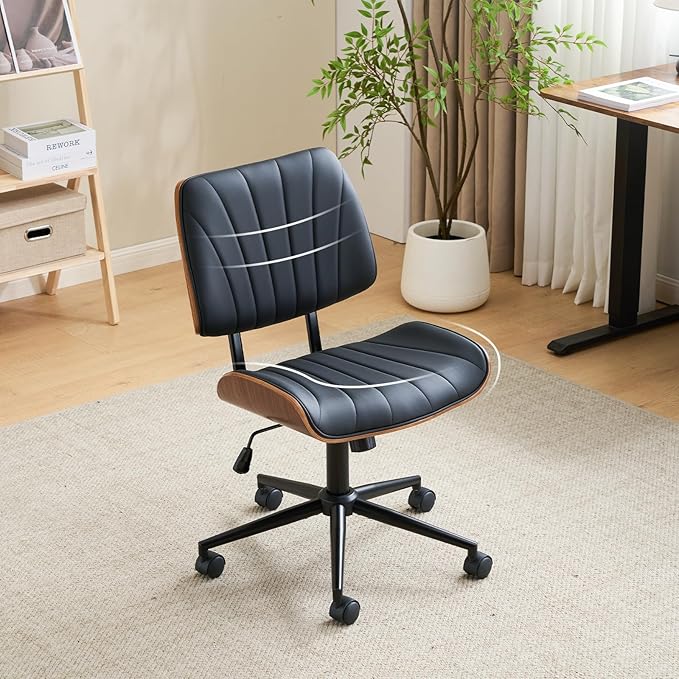 VINGLI Wide Curved Seat&Back Armless Home Office Chair,Ergoromic Adjustable-Height Desk Chair,Swivel&Tilting Function,Stylish Walnut Task Chair for Meeing Room,Dining Room,PU, Black