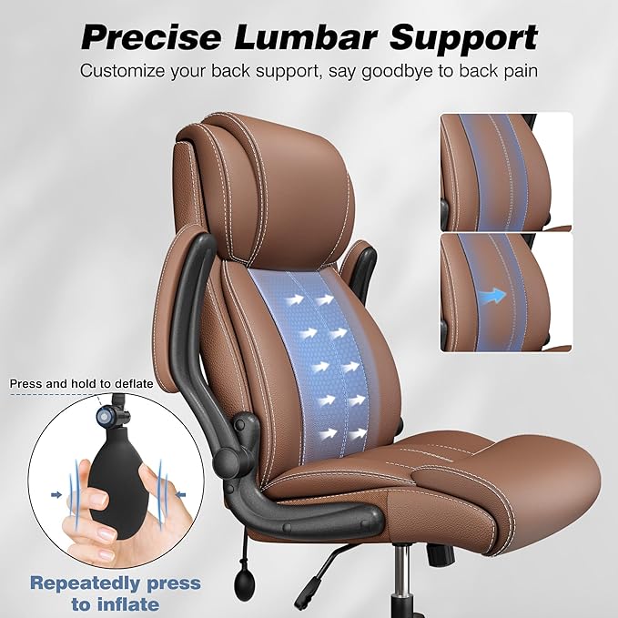 Ergonomic Office Chair - Home Desk Computer Chair, Leather High Back Executive Chairs with Adjustable Lumbar Support & Flip-up Arms, Rocking Swivel Comfy, Brown 6 Pack