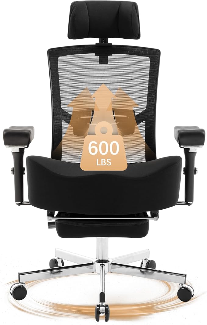 600lbs Big and Tall Office Chair,Oversized Ergonomic Breathable Mesh Desk Chair with W-Shape Thicken Seat Cushion,Computer Chair with Adjustable 4D Armrest,Lumbar Support Footrest Headrest