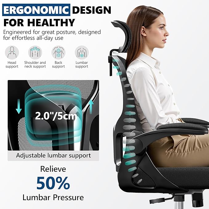 Ergonomic Office Chair, Mesh Desk Chair with Adjustable Headrest & Lumbar Support, Rolling Computer Chair with Flip-up Armrests, Comfy Swivel Home Office Chair for Long Hours - Black