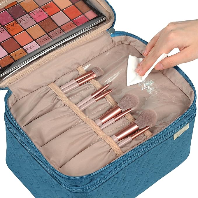 NISHEL Large Double Layer Travel Makeup Bag Women, Cosmetic Case, Organizer for Travel-Size Accessories Bottles, Brushes, Conditioner, and Skin Care Products, Lake Blue