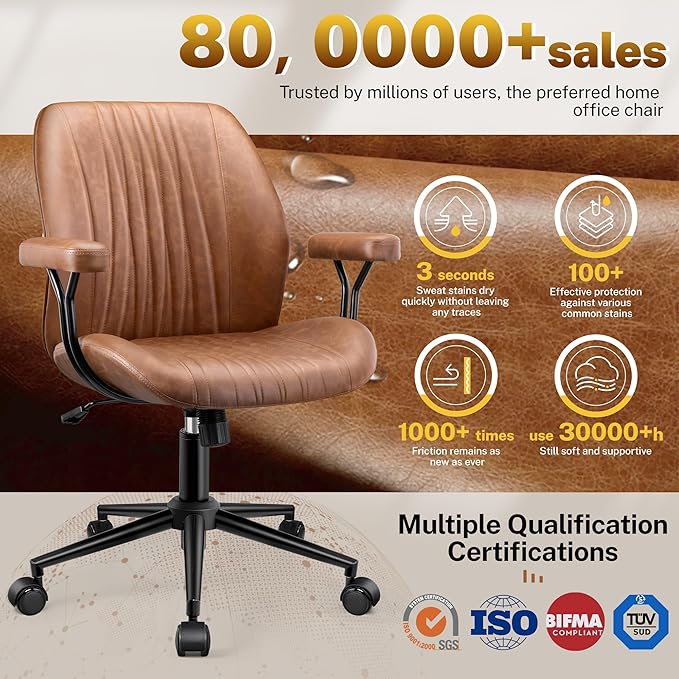 Leather Office Chair with Removable Armrests, Mid Back Ergonomic Desk Chair with Lumbar Support, Adjustable Height Rocking Swivel Executive Chair for Home Office, Brown