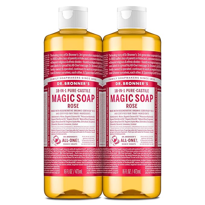 Dr. Bronner's Pure-Castile Magic Liquid Soap (Rose, 16 Ounce, 2-Pack)- Made with Regenerative Organic Certified Oils, 18-in1 Uses: Face, Hair, Hand & Body Soap, Laundry, Pets- Concentrated, Vegan