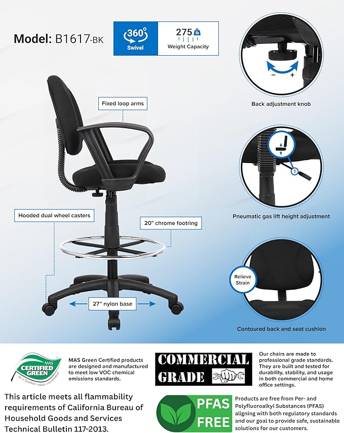 Boss Office Products Ergonomic Works Drafting Chair with Loop Arms in Black, Mid-Back
