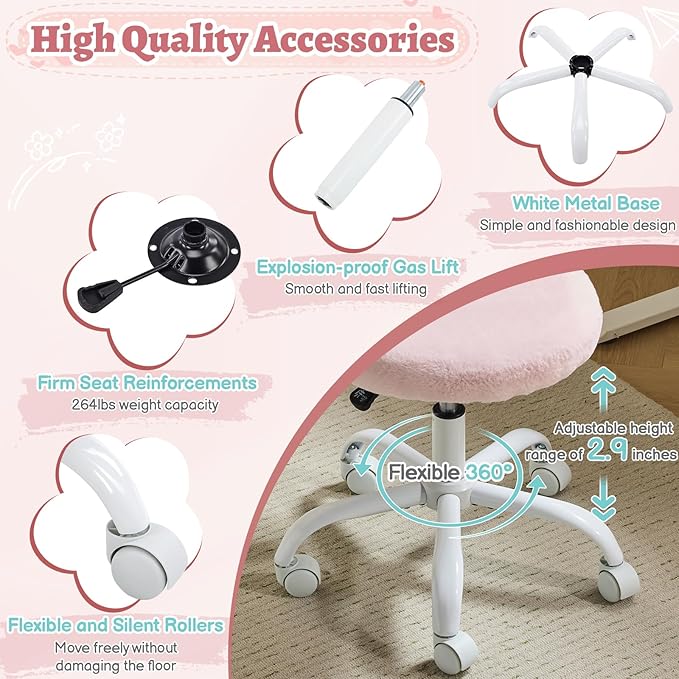 VINGLI Small Vanity Chair with Faux Fur Wheels for Girls,Cute Adjustable Height Armless Office Desk Chair,360°Swivel Comfy Rolling for Study,Make up Room,Small Space,Light Pink