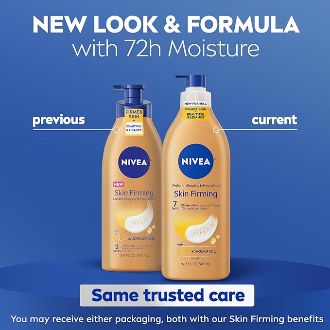 NIVEA Skin Firming Melanin Beauty & Hydration Body Lotion with Q10 and Argan Oil, Firmer Skin in as Little As Seven Days, 16.9 Fl Oz Pump Bottle