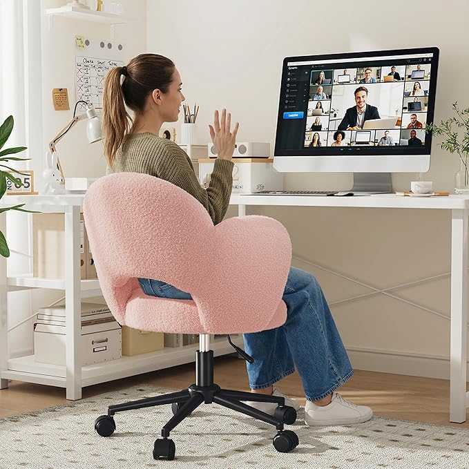 Petal Vanity Chair with Wheels, Cute Desk Chair with Back, Height Adjustable & Lumbar Support, Small Office Chair for Study, Makeup & Relaxation, Pink