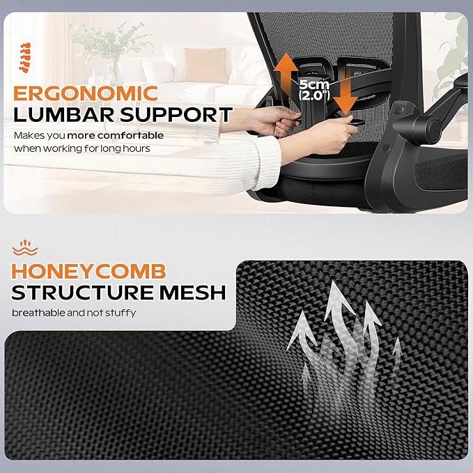 Ergonomic Office Chair 2026 - Mesh Desk Chair with Flip-up Armrests, Adjustable Height and Lumbar, 360° Swivel Comfortable Computer Chairs for Home, Conference Room, Reception, Max 350lbs, Black